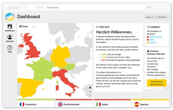 Dashboard Verpackungslizenz Europa