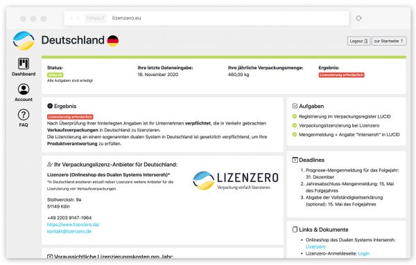 Dashboard Status Lizenzierung erforderlich